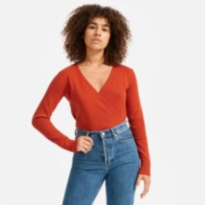 Everlane cashmere wrap sweater in red-orange. Size M